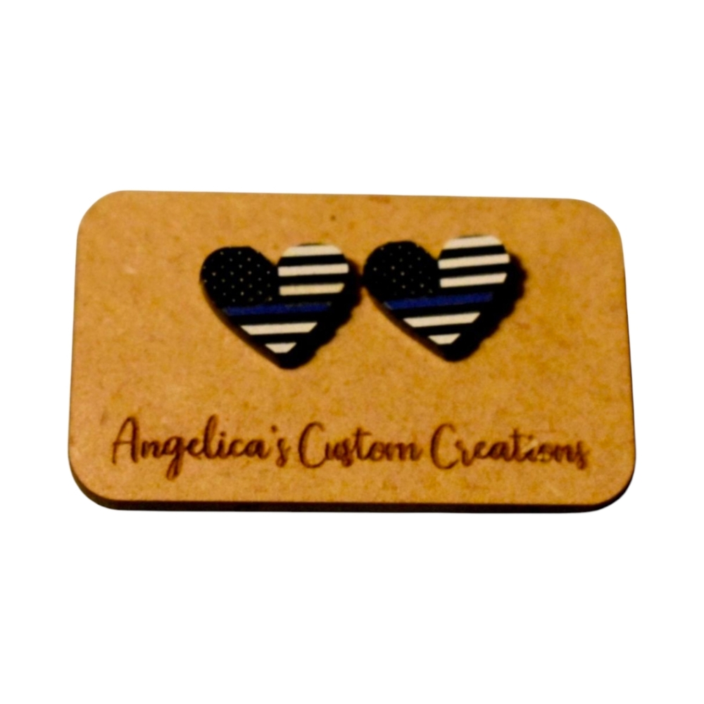 Blue Line Heart Wood Stud Earrings